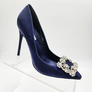 Womens Wedding Blue Satin Pump Stilettos Heels Rhinestone Bling Square Size 5